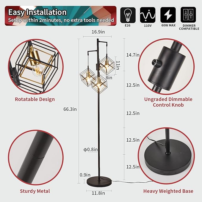 Dimmable Farmhouse Floor Lamp for Living Room, 3 Light Rustic Standing Tall Lamp, Modern Bright Floor Lamp, Industrial Standing Lamp for Bedroom, Tall Pole Lamps Office, 3 LED Bulbs Included.