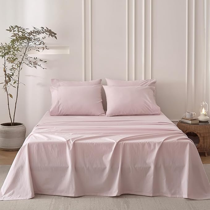 6PS Linen Like Bedding Sheet Sets Greyish Pink Cotton Bedding Set Oeko-TEX Standard 100% Washed Cotton Deep Pocket King Size Fitted Sheet Plus Cozy Flat Sheet and 4 Pillowcases