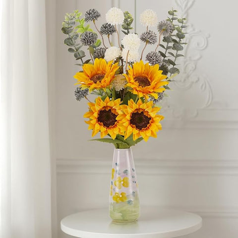 Fake Sunflowers with Hand-Painted Vase,16" Artificial Flowers in Small Ceramic Vase,Silk Flower Eucalyptus Bouquet Faux Arrangements for Home Living Room Kitchen Office Coffee Table Decor