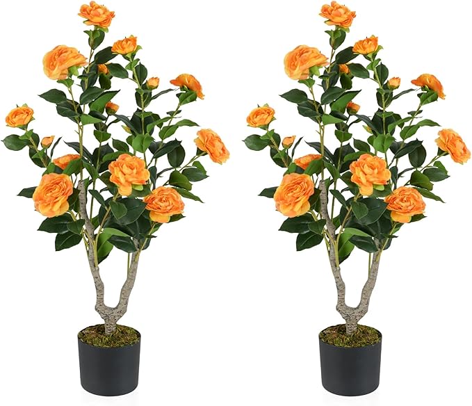 Goplus 36’’ Artificial Camellia Tree, 2 Pack Flower Plants Artificial Tree, Faux Floral Plant Blooming Tree in Nursery Pot, Greenery Potted Plant for Indoor Office Home Porch Decor, Orange
