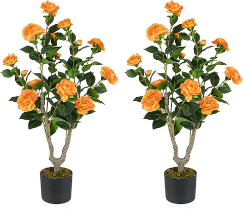 Goplus 36’’ Artificial Camellia Tree, 2 Pack Flower Plants Artificial Tree, Faux Floral Plant Blooming Tree in Nursery Pot, Greenery Potted Plant for Indoor Office Home Porch Decor, Orange