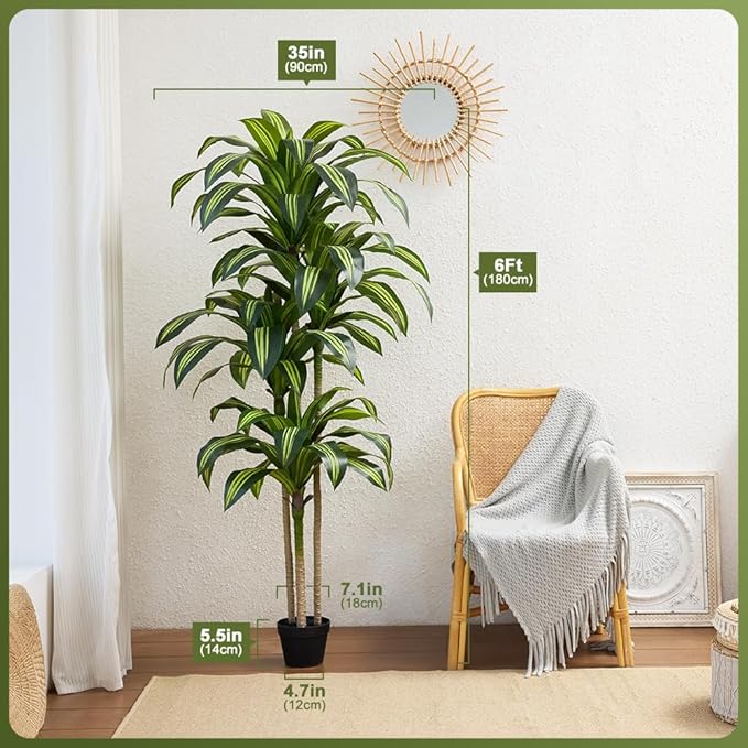 Artificial Dracaena Tree 6FT - Tall Faux Floor Plant with UV-Resistant,Artificial Plants with Lifelike Leaves,Potted Fake Trees for Home, Living Room,Indoor & Outdoor Decor,VN123(Yellow)