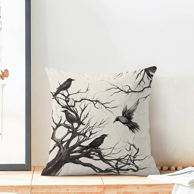 Halloween Pillow Covers 24x24 inches Set of 2 Black Crows Branch Decorative Farmhouse Throw Pillow Covers Outdoor Halloween Decor Farmhouse Linen Cushion Case for Home Sofa Couch Decoration