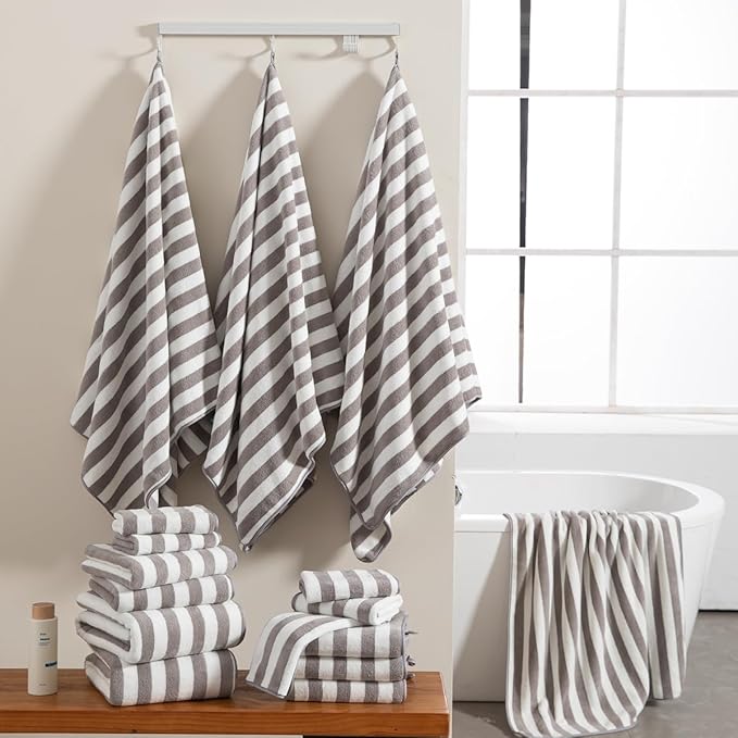 Oliven 18 Pcs Coffee Cabana Stripe Family Towels Set-6 Bath Sheets,6 Hand Towels,6 Washcloths Soft Jumbo Bathroom Towels Absorbent Shower Towel Quick Dry Beach Chair Towel Spa Gym Hotel Towel Set