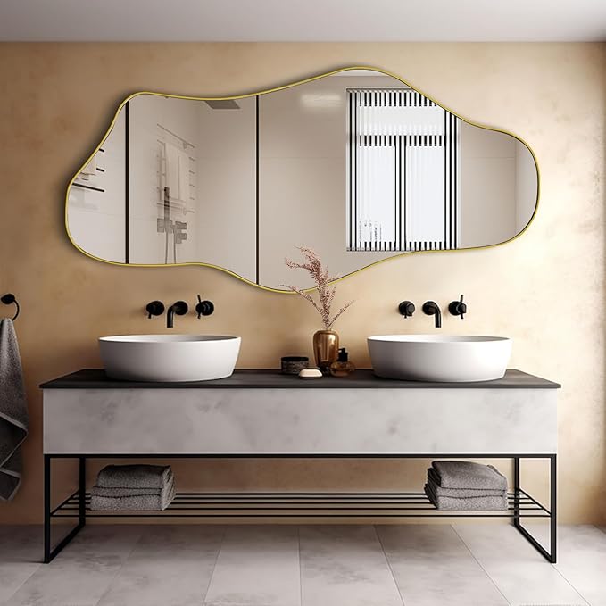 Irregular Mirror Full Length, 63.4"x29" Large Asymmetrical Mirror, Big Gold Floor Mirrors for Dressing, Modern Wavy Shaped Mirrors for Living Room Bathroom Bedroom Entryway