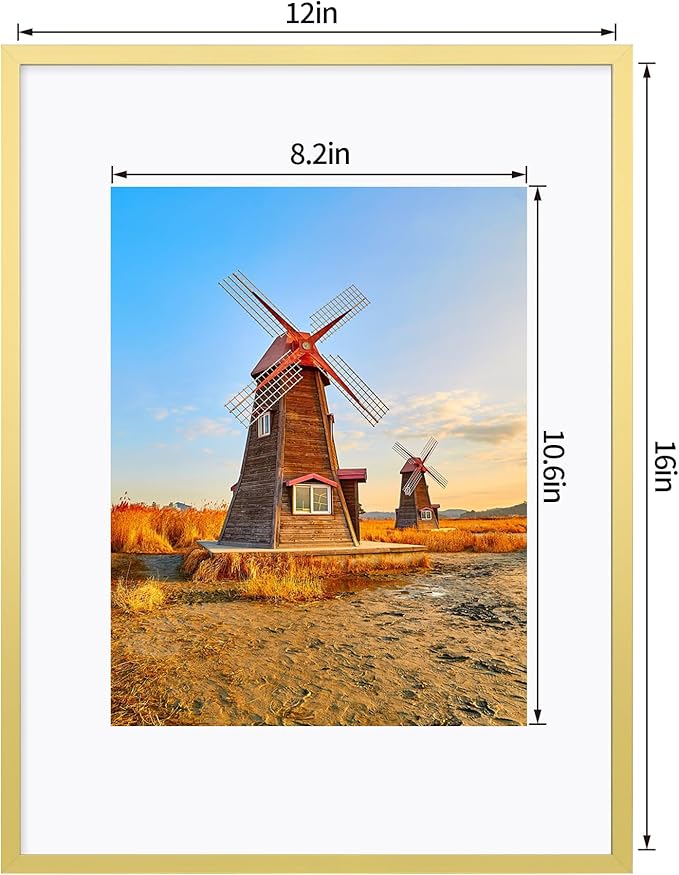 12x16 Metal Picture Frame Set of 2, 12 x 16 Aluminum Photo Frames with 8.5x11 Mat - Sawtooth Hangers, Spring Clips for Wall Mounting Horizontal and Vertical(Gold)