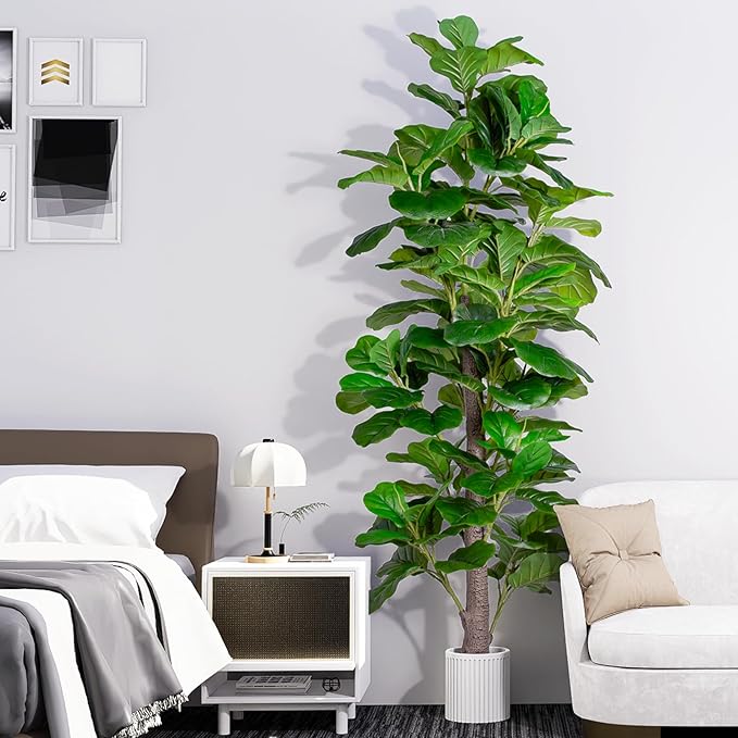 Artificial Fiddle Leaf Fig Tree Indoor, 6FT Tall Faux Tree with Natural Wood Trunk and Lifelike Leaves, Tall Artificial Plants Indoor, Fake Plants for Home, Office, Living Room Decor
