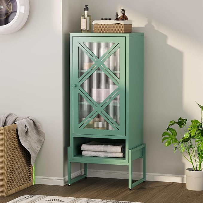 LEYNOT Small Bathroom Storage Cabinet 42.51“H Metal Bathroom Floor Cabinet with Adjustable Shelves for Pantry，Kitchen, Home Office, Living Room, Dinning Room (Green+Transparent Door Panel)