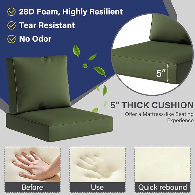 UIXE Outdoor Deep Seat Cushion Set with Slipcovers, Patio Furniture Cushions & Back Pad, Water-Resistant Outdoor Cushion Covers Backyard Sectional Sofa Cushions for Bistro Chair - Green