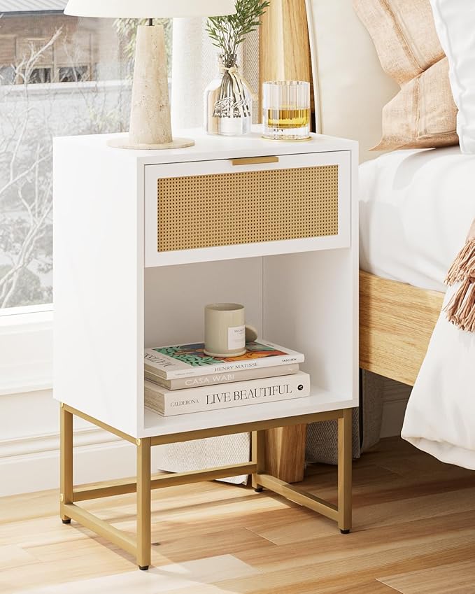 Masupu Rattan Nightstand,Modern Night Stand Boho Farmhouse Wood Bedside Table with Storage Drawer Side End Table for Bedroom,Living Room,Office,White