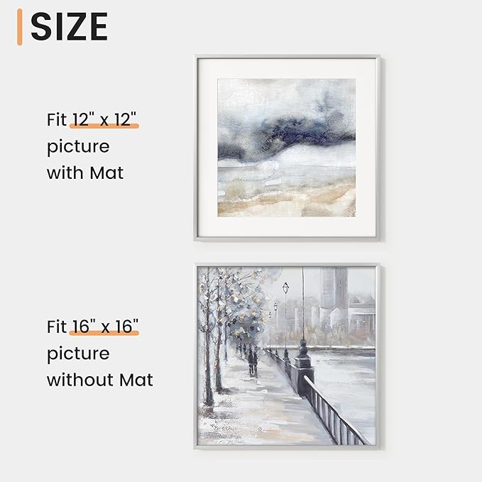 16x16 inch Metal Picture Frame - Thin Aluminum Square Photo Frames with 12x12 Removable Mat - High Definition Plexiglass - Vertical and Horizontal Display - Wall Hook Hanging Hardware Included - Silver, Set of 4