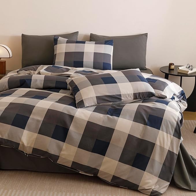 CLOTHKNOW Plaid Comforter Set King Gingham Buffalo Bedding Comforter Sets Blue Grey Khaki Brown Beige Geometric Comforter King Sets with 2 x Pillow Cases