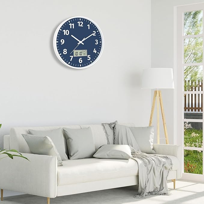 Foxtop Digital Wall Clock with Time, Day of Week and Temperature, Silent Non-Ticking Battery Operated Round Digital and Analog Wall Clock for Classroom Office Bedroom Home School (12 Inch, Blue)