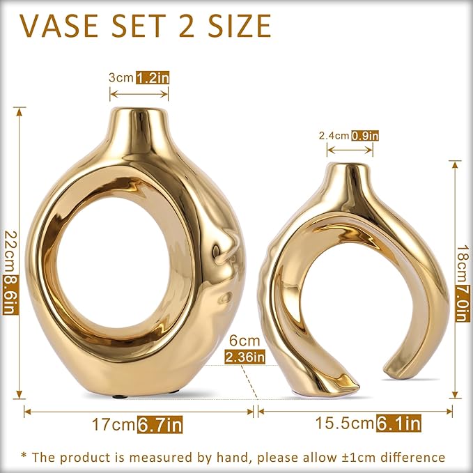 Gold Home Decor Ceramic Vase, Round Vase with Holes Set of 2, Suitable for Wedding Entrance Decoration, Bookshelf, Mantel, Unique Home Decor (Gold)