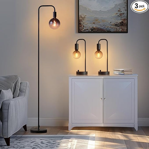 ONEWISH Industrial Lamp Set 3 Piece-1 Floor Lamp and 2 Dimmable Table Lamp- 3 Pack Modern Matching Floor and Table Lamp with Gradient Black Globe Bulb for Living Room,Bedroom(Bulb Included)