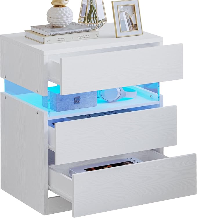 IRONCK Night Stand, LED Nightstand with 3 Drawers, Modern Bedside Table with Storage, End Table for Bedroom, White