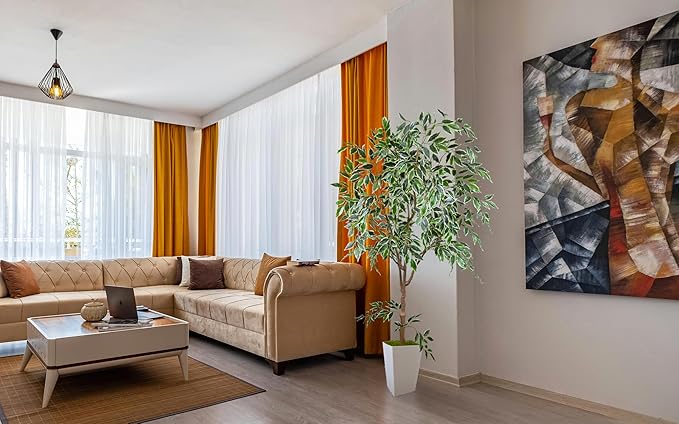 Artificial Ficus Tree 6ft, Fake Plant with White Tall Planter, Faux Ficus Leaves Trees in Pot, Artificial Floor Plants for Home Living Room Office Bedroom Garden Balcony Decor Indoor