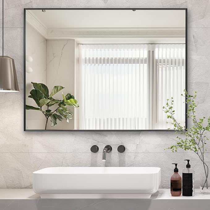 30x40 Inch Black Bathroom Mirror, Copper-Free Mirror, Aluminum Alloy Frame Vanity Mirror, Rectangle Wall Mounted Mirror, Modern Mirror for Bedroom/Living Room/Porch Horizontal or Vertical