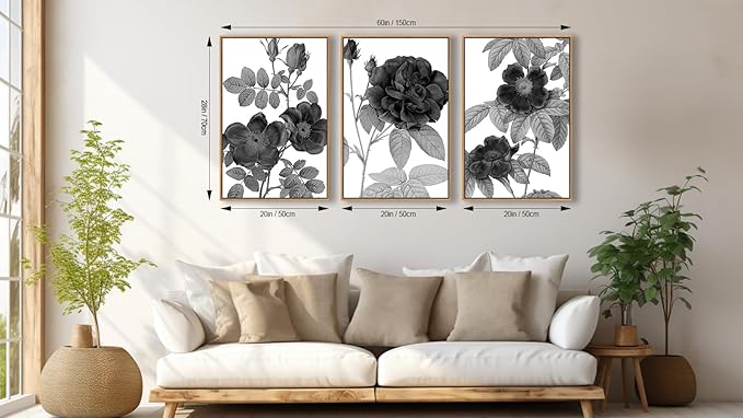 Large Framed Canvas Wall Art - Natural Float Framed Black Gray Flowers Pictures Decor Simple Blossom Leaves Botanical Artwork for Living Room Bedroom Kitchen Home Office Decoration 60" X 28" Set of 3