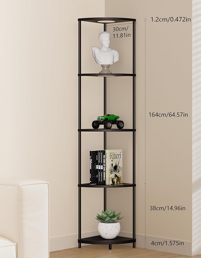 Corner Shelf with RGBCW LED Light, 64.5” Tall Floor Lamp Narrow Bookshelf Organizer, Standing Shelves with Metal Pole, Display Storage Rack for Wall Corner, Living Room, Bedroom, Office Décor, Black