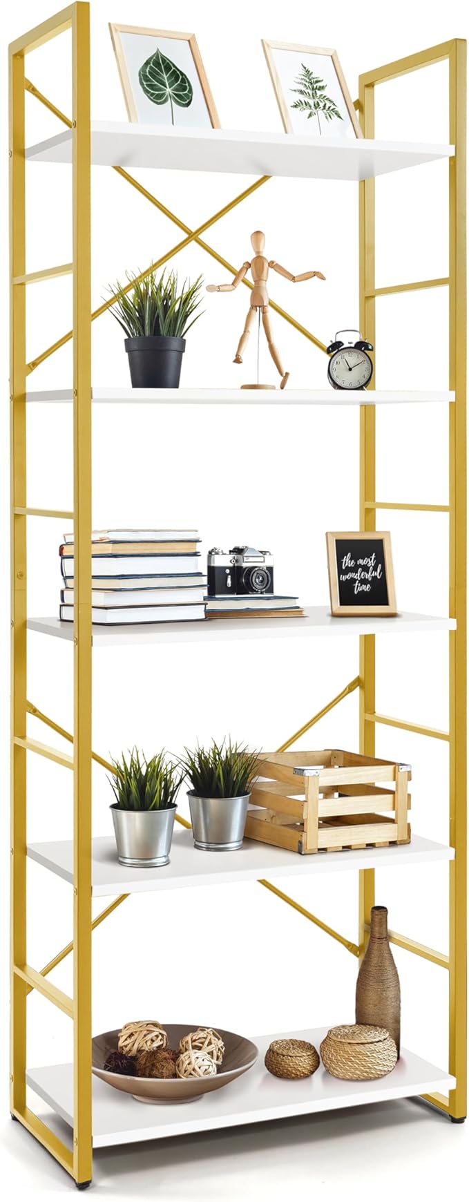 CAPHAUS 5 Tier Bookshelf, 24 Inch Width Free Standing Shelf, Bookcase Shelf Storage Organizer, Industrial Book Shelves for Home Office, Living Room, Kitchen, White Wooden Shelves & Gold Frame