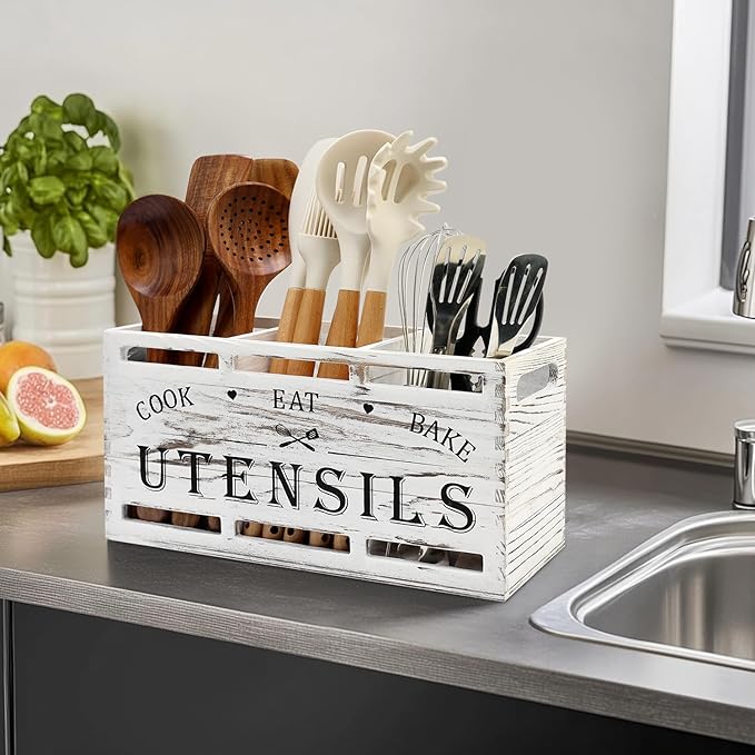 Large Utensil Holder for Kitchen Counter Farmhouse Spatula Holder Cooking Utensil Organizer Cutlery Caddy Spoon Kitchen Tools Holder (Retro White)