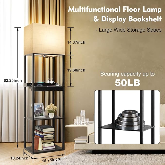 RUNTOP Plus Charging Station Floor Lamp with Wireless Charger, 2 USB-C Port, 2 Power Outlet, Floor Lamp with Shelves, 15W LED Bulb, 3 Colors, Memory Function, Standing Lamp for Living Room Bedroom