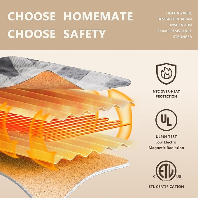 Homemate Electric Blanket Heated Queen Size - 84“x90“ Ultra Soft Cozy Flannel Heating Blanket with 10 Fast Heat Levels 8 Hours Auto Off Over-Heated Protection ETL Certification Keep Warm in Home