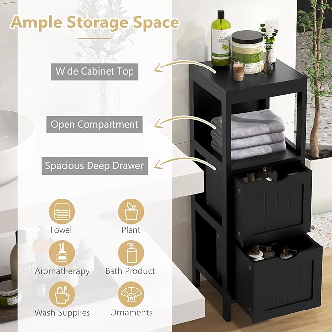 Tangkula Small Bathroom Storage Cabinet with 2 Removable Drawers, Wood Freestanding Floor Cabinet for Bathroom, Anti-Tipping Device, Side Corner Cabinet for Small Spaces (Black)