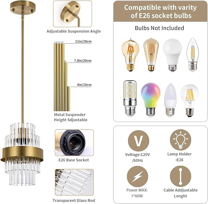 Pendant Light Fixtures, 7inch Modern Glass Pendant Lighting, Brass Color Kitchen Island Pendant Lights, Height Adjustable Pendant Lighting (Brass Color, 1 Pack)