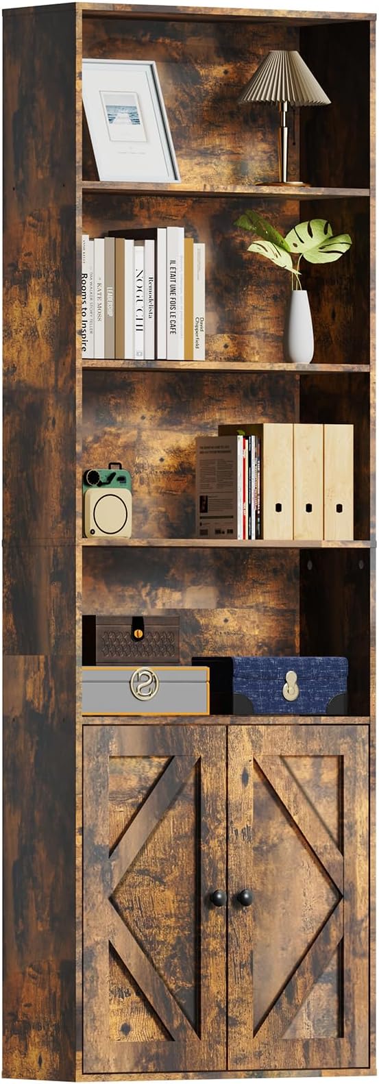 Tall Wooden Bookshelf with Cabinet and Doors,Vintage Brown Bookcase for Bedroom, Living Room, or Home Office Storage,6 Shelves for Heavy Books & Organization