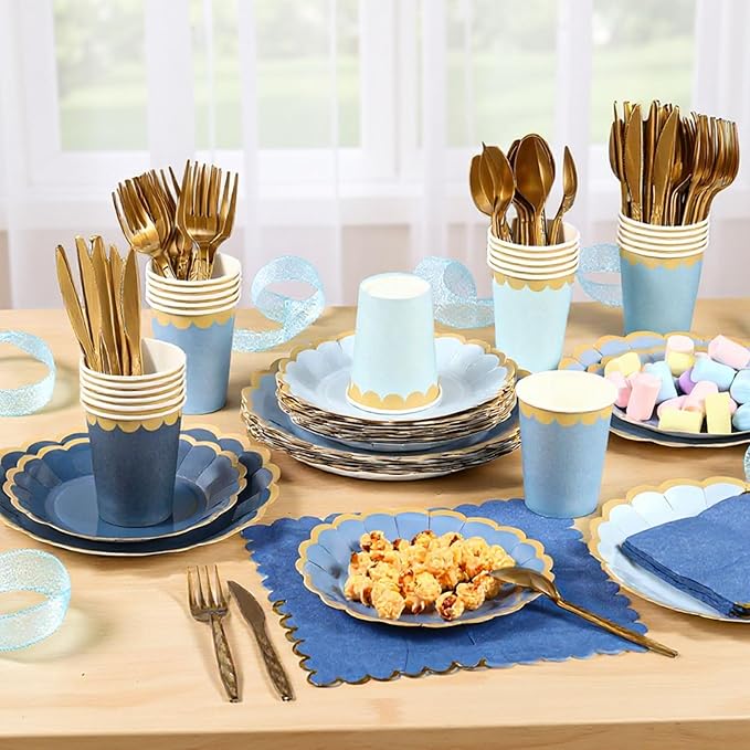 338 Pcs Dusty Blue Plates and Napkins Party Supplies for Guests Blue Tableware Include Scalloped Plates Paper Napkin Cup Spoon Fork Knife for Baby Shower, Wedding, Birthday