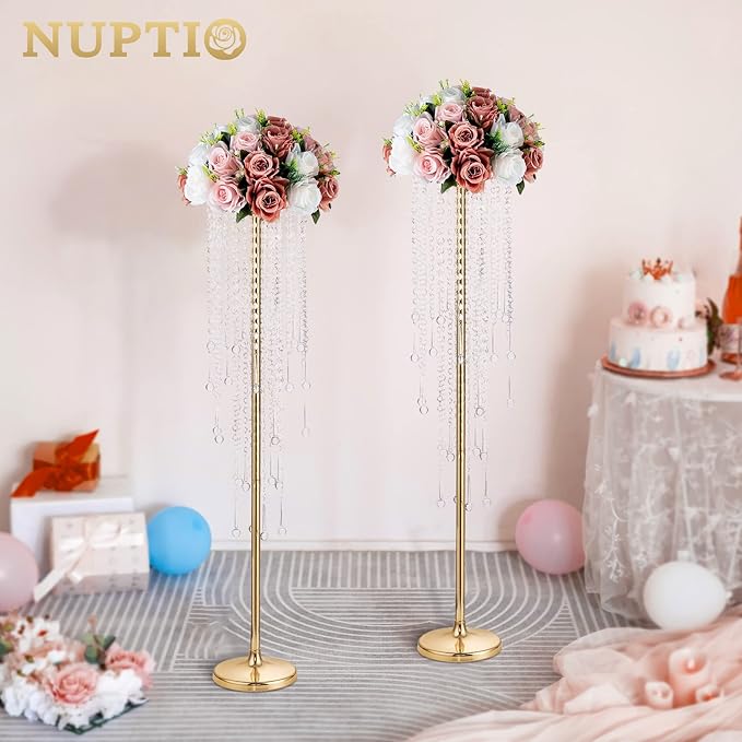 NUPTIO Gold Vases for Centerpieces Wedding - 10 Pcs 39.4in Tall Vase Chandelier Centerpiece for Tables - Flower Stand Bulk for Weddings