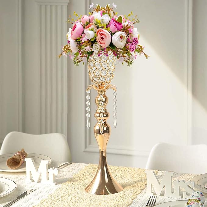 2Pcs Gold Crystal Metal Vase Set - Tulip & Trumpet Wedding Centerpieces, Artificial Flower Arrangement Vases for Home Decor, Restaurant Table Displays