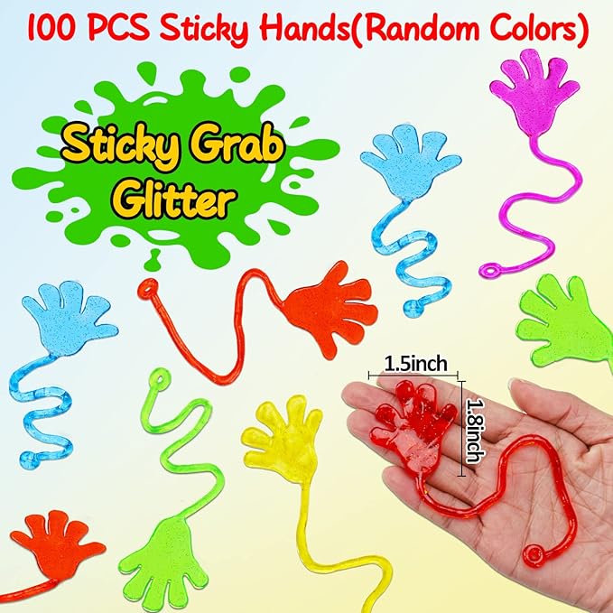 100PCS Glitter Sticky Hands Party Favors for Kids 4-8 8-12 Birthday Supplies Halloween Goodie Bag Stuffers Classroom Treasure Box Carnival Prizes Bulk Treat Trinkets Pinata Stuff Mini Stretchy Toys