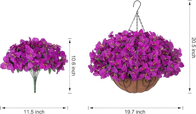 Artificial Fake Hanging Flowers Plants Basket for Outdoors Decoration, Faux Silk Bougainvillea Flowers in Planter Look Real UV Resistant Faux Flower for Outside Porch Patio Garden Home Decor, Purple