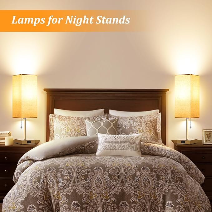Table Lamp for Bedroom set of 2,3-Color Bedside Lamps with Pull Chain Table Lamps for Nightstand with AC Outlets,18'' Night Light Lamps with 2 Bulbs Lamps for Living Room Kids Office Decor（Glod）