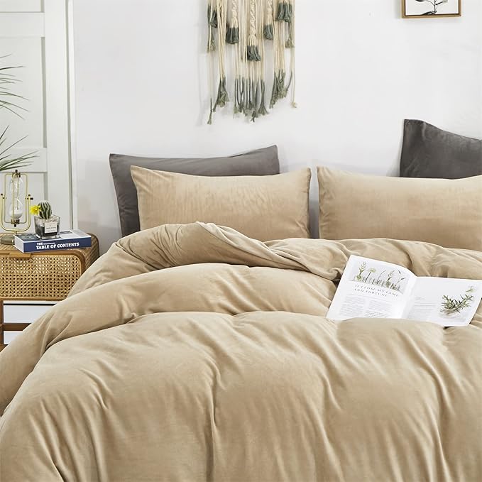 Luxlovery Cream Coffee Velvet Comforter Queen Khaki Flannel Bedding Minimalist Bedding Solid Dark Champagne Blanket Quilts Heavyweight Winter Taupe Color