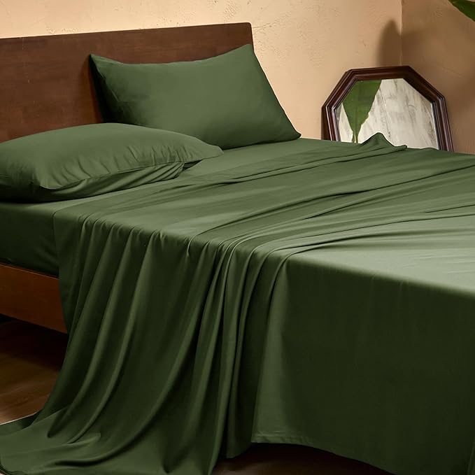 EVERLY King Sheets Set,Luxuriously 400 Thread Count Organic Viscose Derived from Bamboo Bed Sheet,Cooling Sheets for King Size 4 Piece Deep Pockets Bedding Sheets &Pillowcases-Dark Green