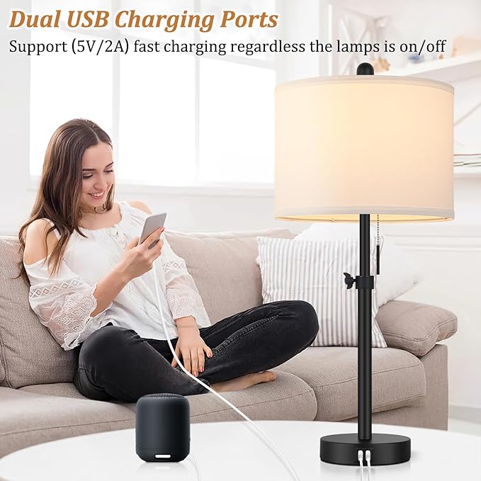 Table Lamp for Bedroom Set of 2, 23" to 30" Height Adjustable Bedside Lamp with 2 USB Ports, Black Nightstand Lamp with White Shade, Modern Pull Chain Table Lamp for Living Room End Table