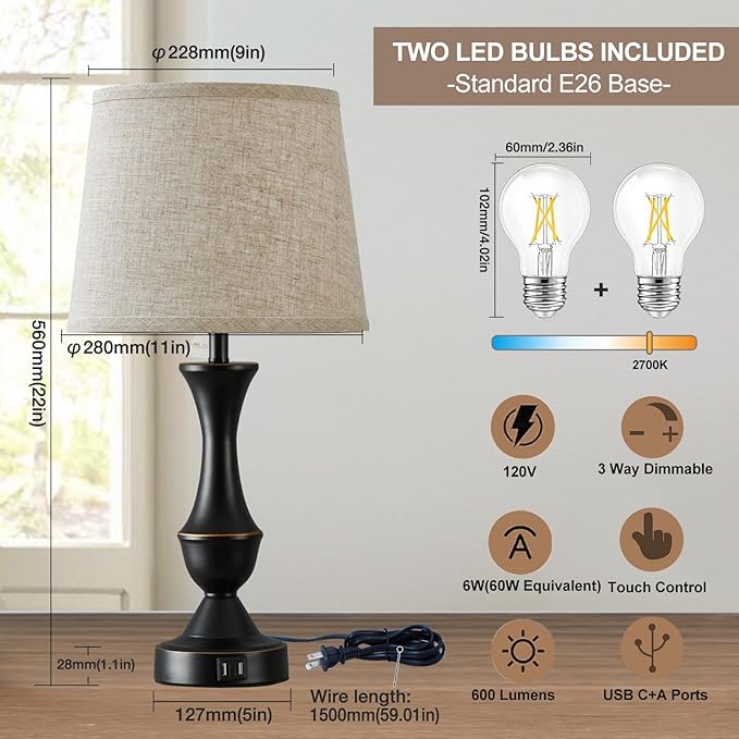 Upgraded Touch Table Lamps Set of 2, 22" Tall Bedside Lamps with USB C+A Ports, 3 Way Dimmable Nightstand Lamps for Bedroom, Living Room, Office, Black Lamp with Beige Lampshade, Bulb Included