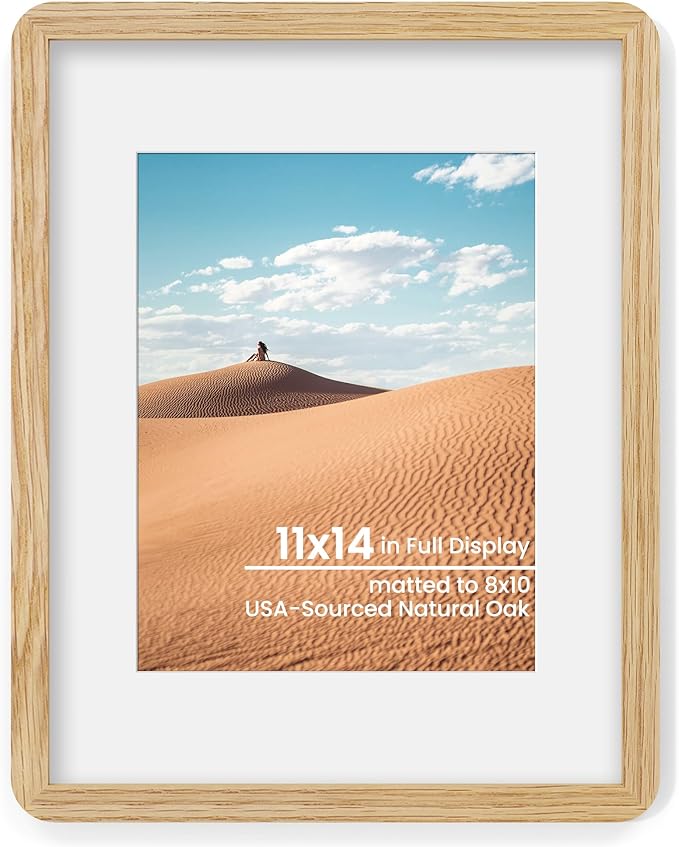 11x14 Round Corner Picture Frame, Solid Oak Photo Frame With Mat For 8x10, Plexiglass Framing And Hanging Hardware For Wall Or Tabletop Poster Frame, Natural Oak, 1 Pack