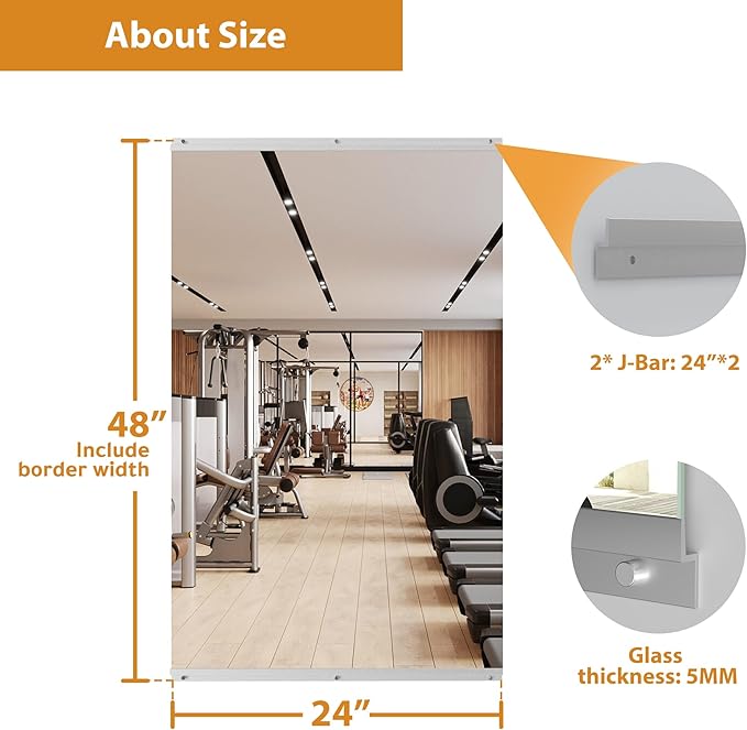 ROOMTEC Workout Mirrors for Home Gym 48"x24", Large Wall Mirror Full Length for Fitness, Yoga, Big Wall Mounted Frameless Glass Mirror for Garage, Dance Studio, Bedroom