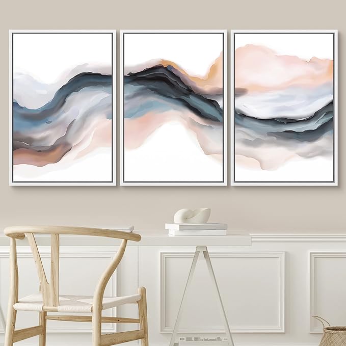SIGNWIN Framed Canvas Print Wall Art Set Pastel Watercolor Blue Brown Ink Wave Smoke Landscape Abstract Shapes Illustrations Modern Art Decorative for Living Room, Bedroom, Office - 24"x36"x3 White