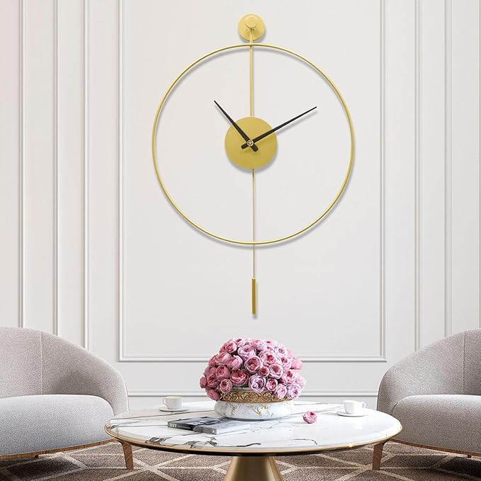 YISITEONE Classical Large Decorative Wall Clock with Pendulum, Modern Non-Ticking Silent Metal Wall Clocks for Living Room, Bedroom, Study, Office, 20‘’