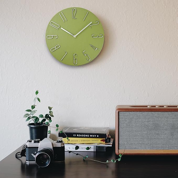 12 Inch Wall Clock Silent Non Ticking, Preciser Modern Style Decor Clock for Home, Office, School, Kitchen, Bedroom, Living Room（Yellow Green）