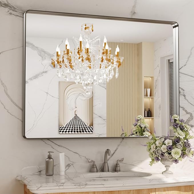 LOAAO 48X36 Inch Brushed Nickel Bathroom Mirror, Rounded Rectangle Silver Metal Frame Mirror, Brushed Nickel, Anti-Rust, Shatter Proof, Hangs Horizontally or Vertically