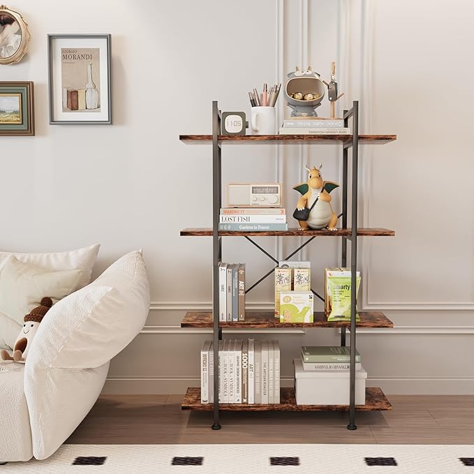 4 Tiers Bookshelf Rustic Brown Wooden Storage Shelf, Industrial Shelf Book Organizer,Modern Open Display Storage Bookcase,Metal Bookshelf Standing Tall Shelving Units for Home Office Study.