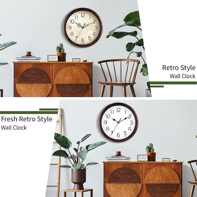 Wall Clock 12 Inch Vintage Wall Clocks Battery Operated Quartz Silent Non-Ticking Retro Rustic Style Clock Decorative for Living Room, Home Office, Kitchen,Bedroom (Bronze)