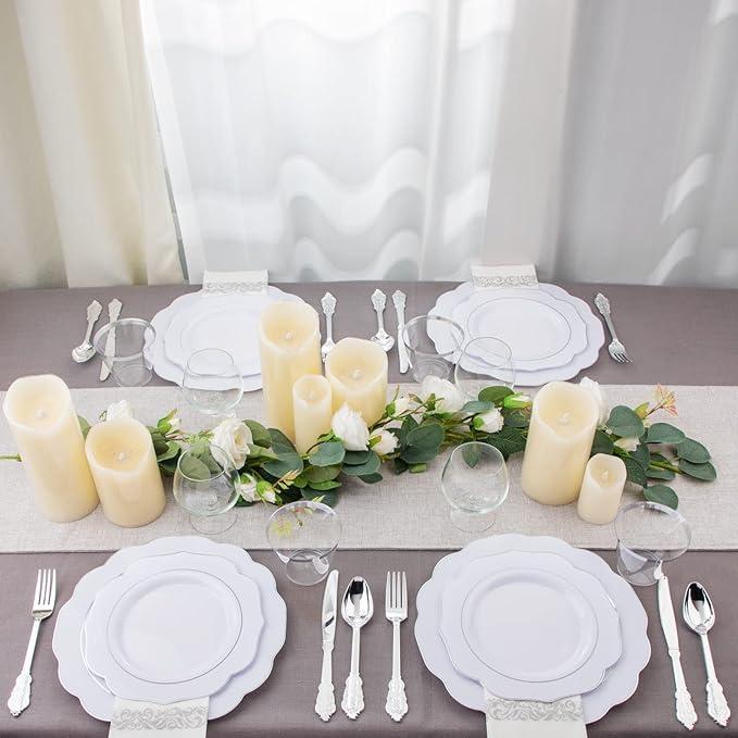 NOCCUR 175pcs Silver Plastic Plates - Christmas Plates - Silver Rim Plastic Tableware Include 25 Dinner Plates, 25 Dessert Plates, 25 Forks, 25 Knives, 25 Spoons for Wedding&Party